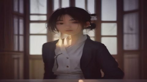 同人漫画创作者在光线明亮的工作室内使用数位板绘制角色，背景可见多张同人动漫网站作品打印稿